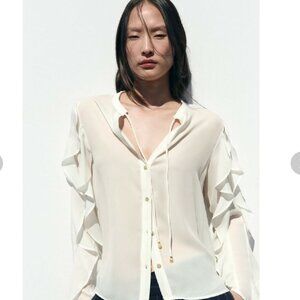 Zara White Ruffle Sleeve Blouse, Size Large NEW WITH TAG!